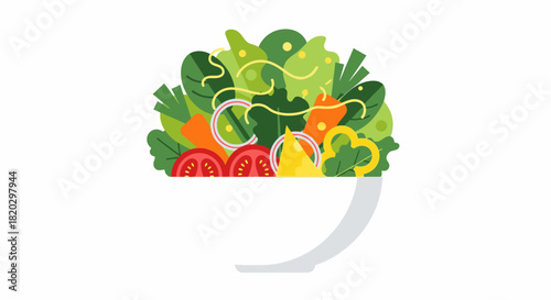 A vibrant and fresh illustration of a healthy green salad in a white bowl, featuring various colorful vegetables like lettuce, tomatoes, carrots, and bell peppers.