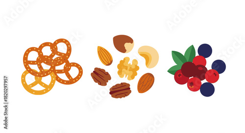 A collection of pretzels, nuts, and berries arranged on a white background.