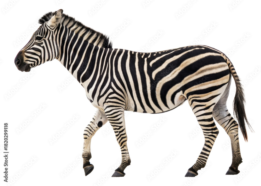 Naklejka premium Majestic zebra captured in motion walking against a plain background suitable for diverse wildlifethemed projects and educational materials