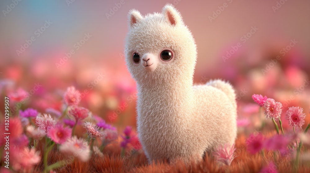 Naklejka premium A cute, fluffy white alpaca standing in a field of pink flowers, surrounded by a soft, blurred background.