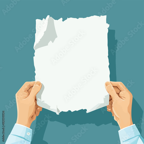 Flat style. Hands tearing apart a blank sheet of paper , vector style simple color