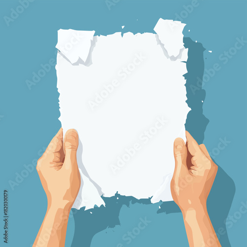 Flat style. Hands tearing apart a blank sheet of paper , vector style simple color