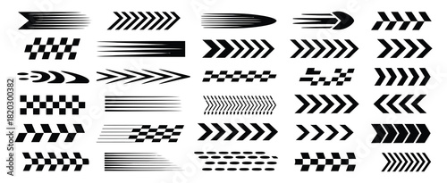 Racing Cars and Race Car Stripes Vector Set with Checkered Flag, Finish Line, Motocross Labels, Dynamic Lines, Motorsport Graphics, and Speed Decals