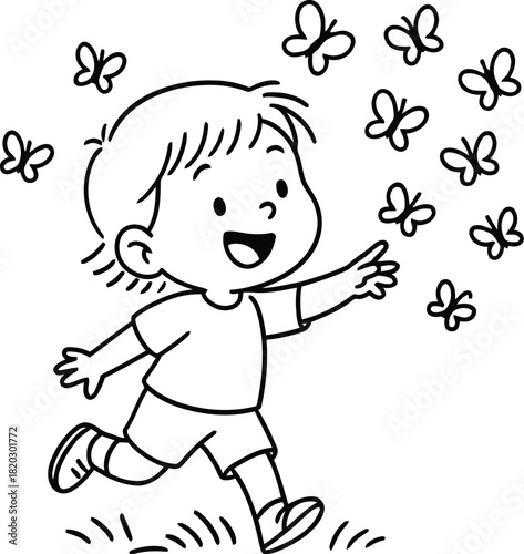 Happy child running with butterflies in a sunny meadow scene