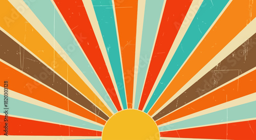 Retro 70s Sunburst Background Vector - Vintage Faded Stripes with Grunge Texture