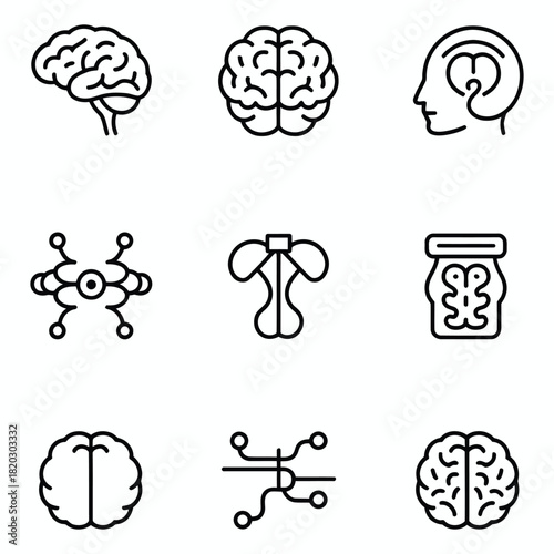 Brain and technology icons for AI, neuroscience, and digital systems mind intelligence