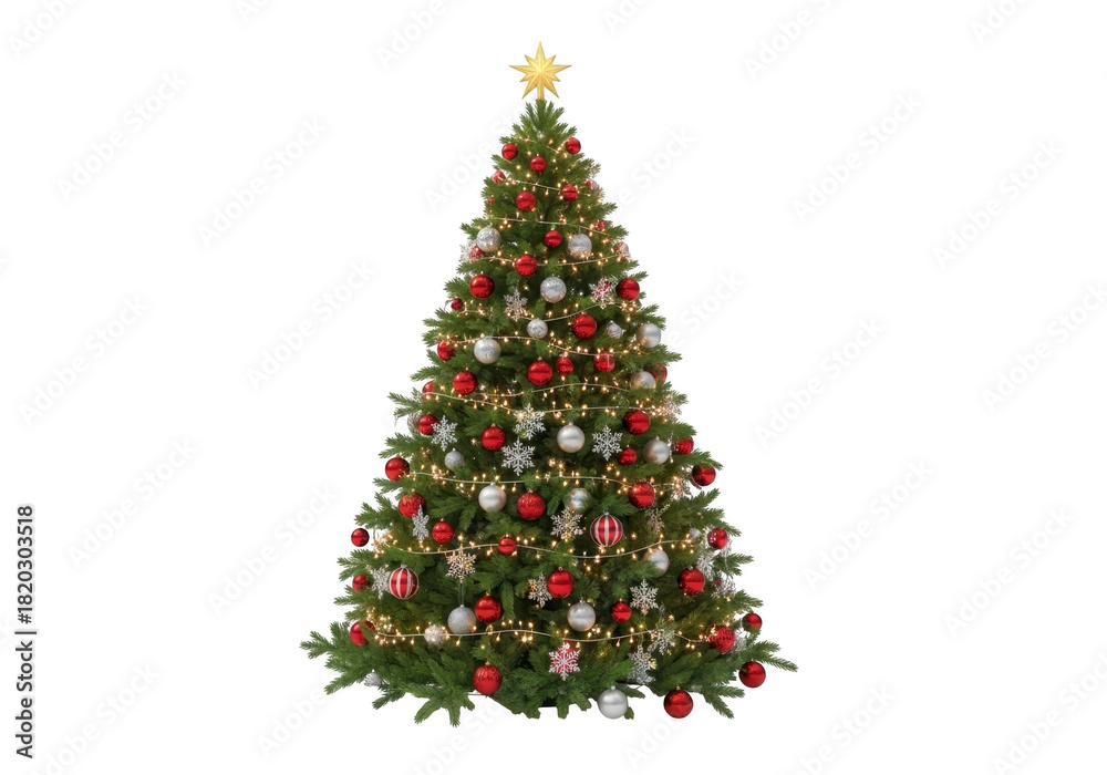 Naklejka premium Decorated christmas tree with red and silver ornaments isolated on transparent background