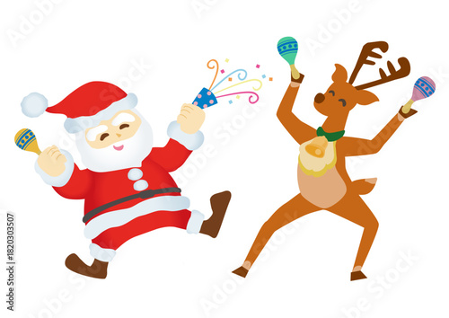 サンタクロースとトナカイがはしゃいでるイラスト素材