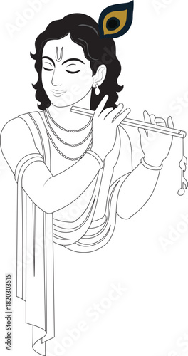 Lord krishna playing flute line art illustration design vector