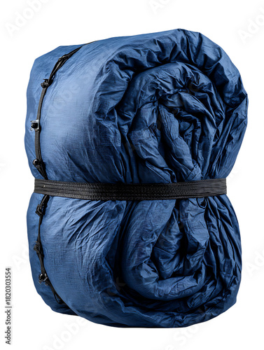 Rolled up dark blue sleeping bag secured with straps 