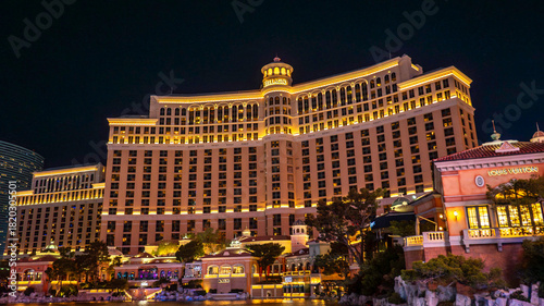 The Bellagio hotel located in Las Vegas is beautifully lit up at night 