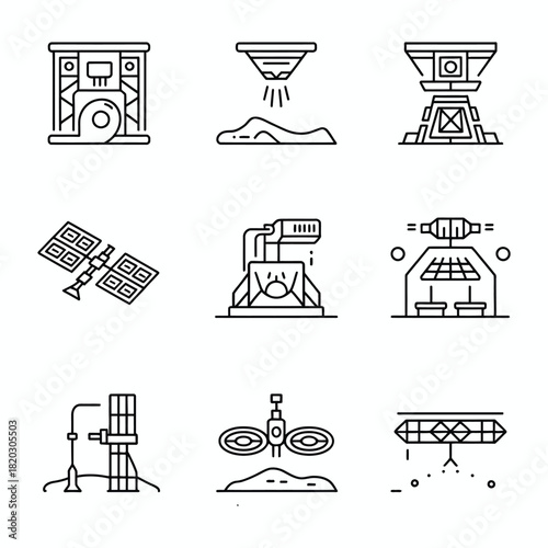 Space exploration equipment and technology line art icons science futuristic