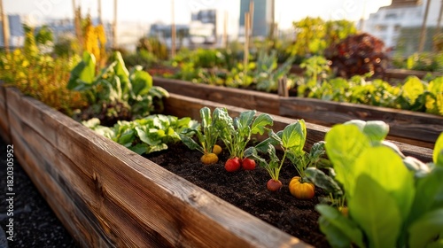 A vibrant rooftop garden with a variety of vegetables and herbs, including tomatoes, lettuce, and beets, planted in wooden raised beds.