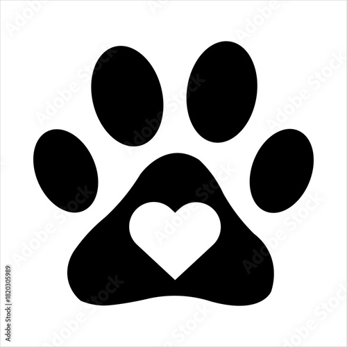 Black paw print with heart symbol for animal rescue and adoption