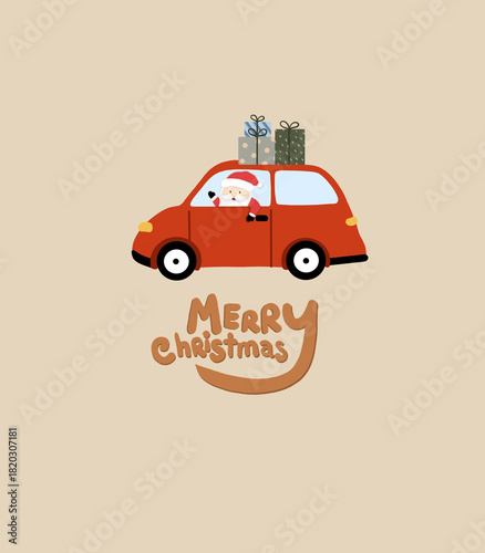 Santa Claus in car on Merry Christmas card design 
