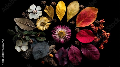 A circular arrangement of various autumn leaves and flowers, including a pink daisy, on a black background with a subtle gradient of colors.