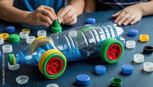 Children Small Hands Assembling DIY Recycled Plastic Bottle Race Car Toy with Colorful Bottle Cap Wheels on Table