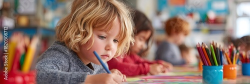 Young child concentrating drawing with colored pencils in classroom