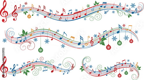 Holiday music design, festive notes, colorful staff, Christmas melody, seasonal decor, musical illustration, winter celebration, treble clef, ornaments, snowflakes