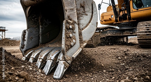 Close up of a heavy duty excavator bucket on a construction site.