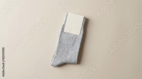 Soft grey socks with blank label on a smooth neutral background