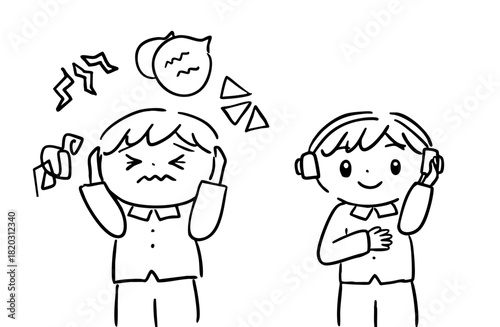 音が苦手な子どもとヘッドホンで落ち着く子どものイラスト／療育・感覚過敏