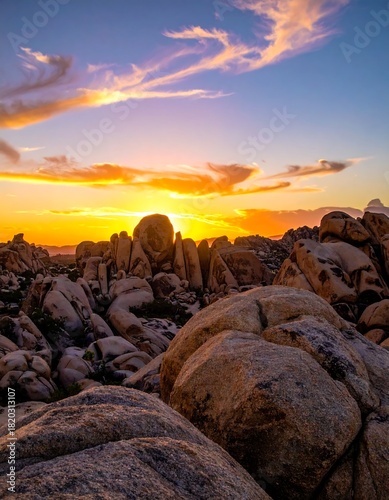 Joshua Tree National Park Sunset - A Landscape of Rocks and Golden Light.
