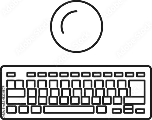 Minimalist line art illustration of a computer keyboard and a circular input device