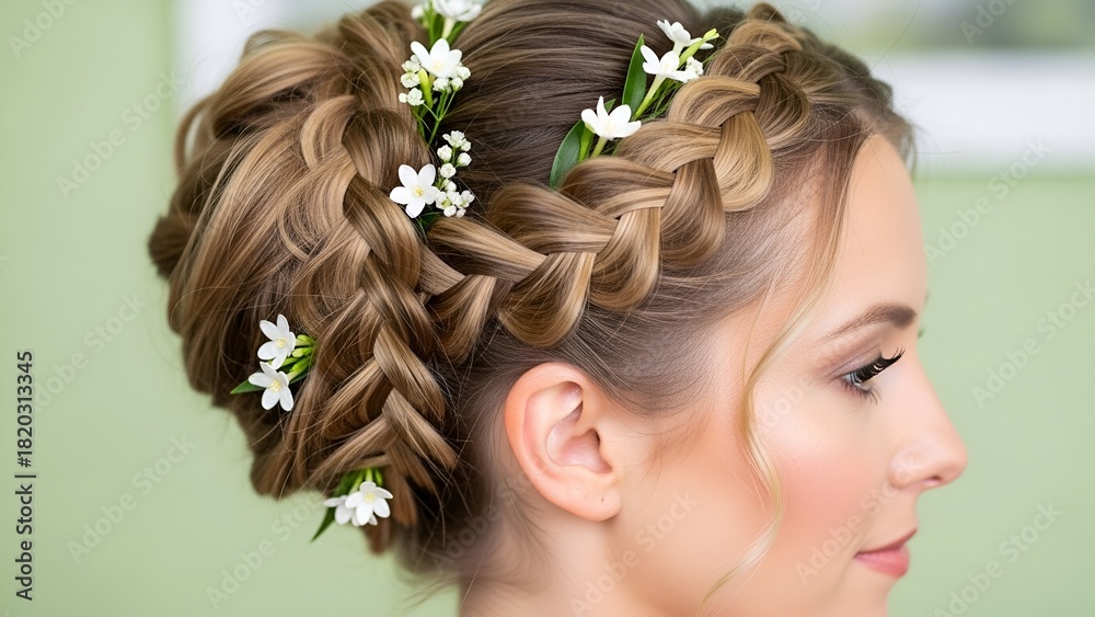Naklejka premium Elegant Braided Hairstyle Adorned with Delicate White Flowers for a Special Occasion.