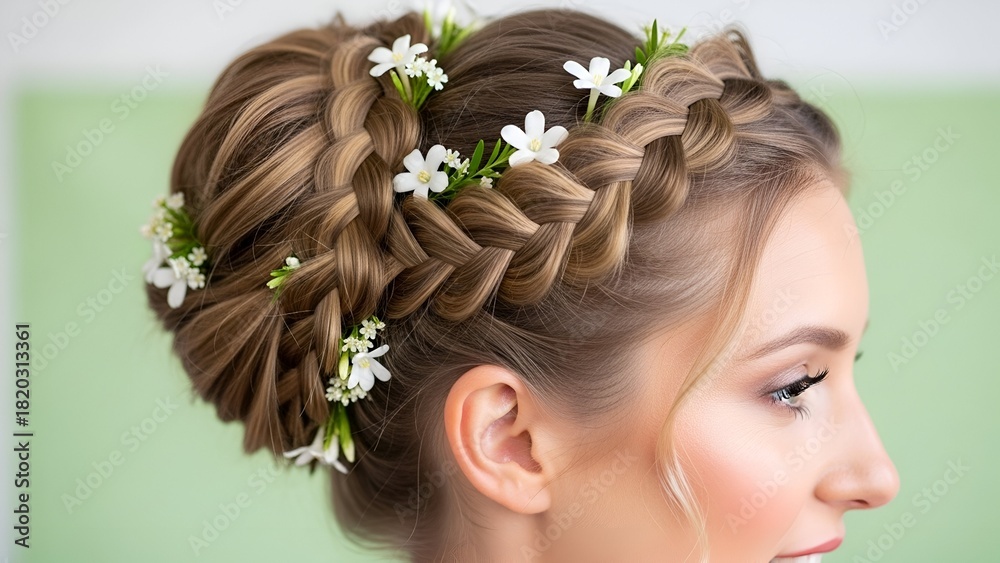 Naklejka premium Elegant braided hairstyle adorned with delicate white flowers.