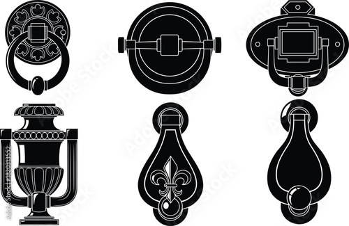 Vintage door knocker silhouette collection, antique metal handle set for home entrance, cad drawing flat vector illustration