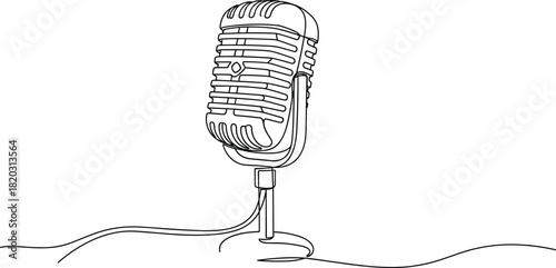 Vintage microphone, line drawing, black and white, retro style, broadcasting, podcast, music, vector, illustration, minimal