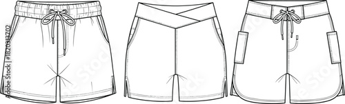 Women’s shorts technical sketch set, three styles, waistband variations, cargo and side pockets, cad drawing flat vector illustration