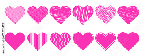 Vector collection of pink hearts shapes in various doodle scribble grunge textured and solid styles hearts icon for love wedding birthday valentine's day theme design 
