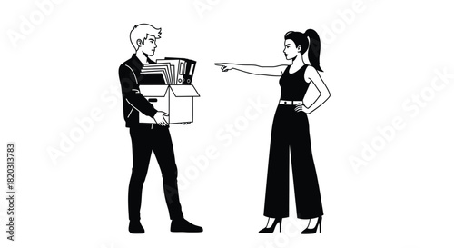 Fired employee carrying box while boss points in vector illustration
