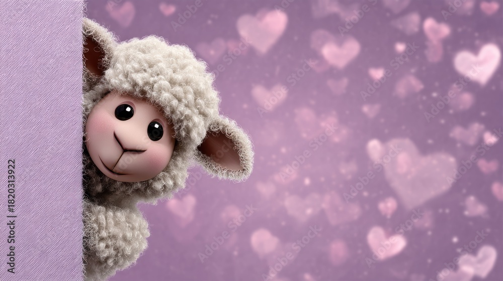 Fototapeta premium A cute cartoon lamb peeking out from behind a purple banner with a heart pattern, against a purple background with heart shapes.