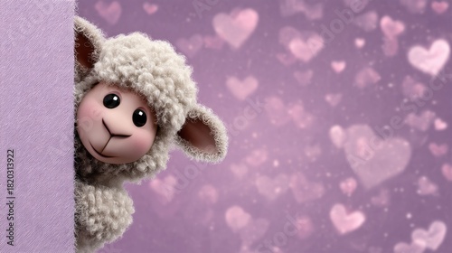 A cute cartoon lamb peeking out from behind a purple banner with a heart pattern, against a purple background with heart shapes.