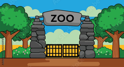 Cartoon zoo entrance with trees and blue sky for cheerful designs
