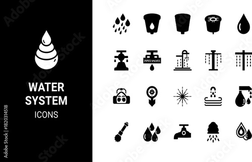Black and white water system icons for design projects
