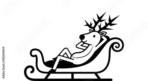 Relaxing reindeer chilling in sleigh monochrome Christmas illustration