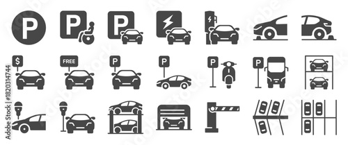 Car parking icon set. It included electric car charging, motorcycle parking, bus parking and more icons. Editable