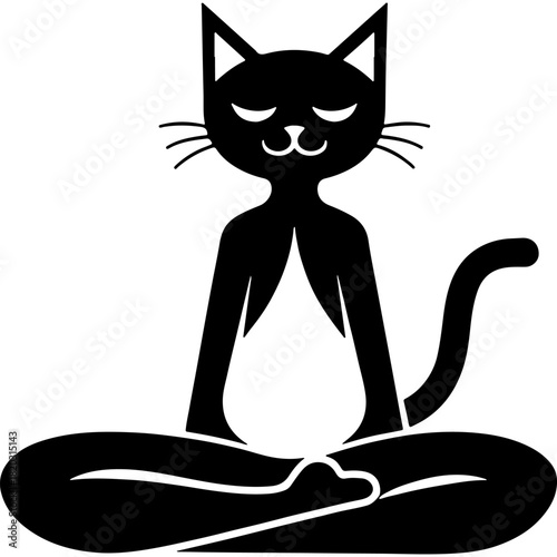 Meditating cat yogi practices Fire Breathing. Engraving minimalistic vector in black ink drawing on transparent background