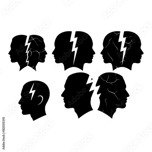 silhouette of cracked and split human head symbolizing mental breakdown depression silhouette pack of mental issue, depression icons