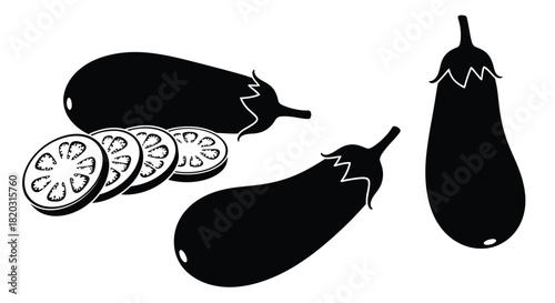 Fresh eggplant vegetable harvest in black and white silhouette design