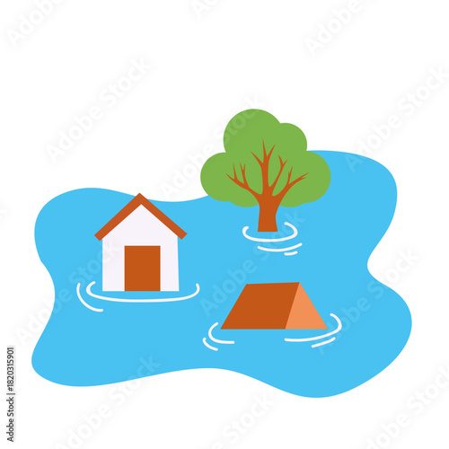 Flood illustration showing submerged houses and trees in rising water, perfect for geography lessons, disaster awareness, environmental education, safety materials, weather learning, and visual resour