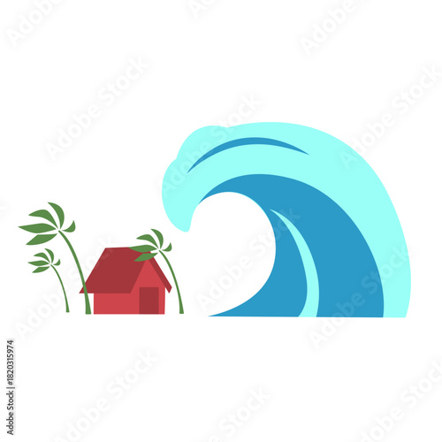 Illustration of a giant tsunami wave hitting a small coastal house, showing natural disaster danger for education, environment awareness, safety lessons, and visual materials.