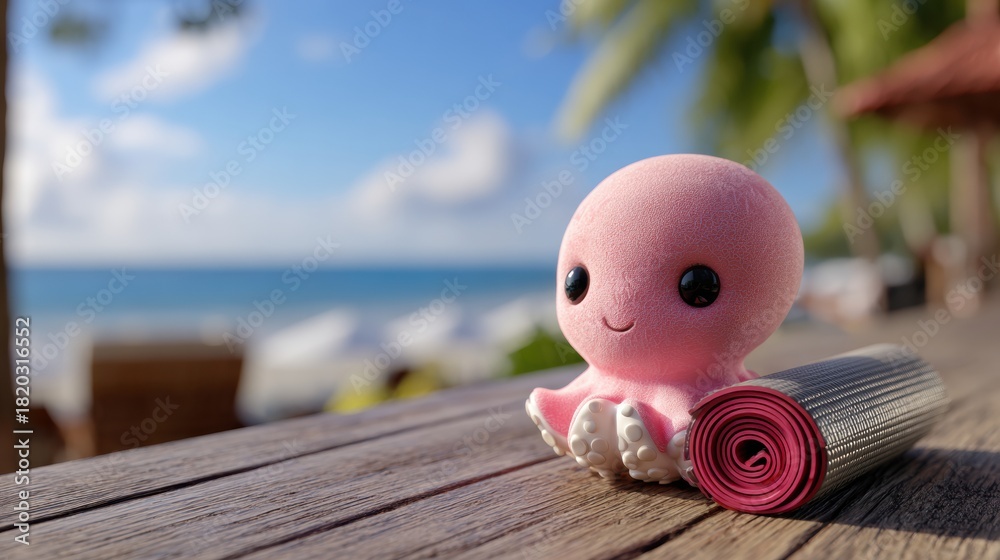 Fototapeta premium Cute Pink Octopus Mascot Enjoys a Sunny Day by the Beach With a Yoga Mat for Fitness and Wellness
