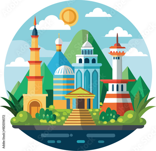 "Landmark vector featuring iconic world monuments illustrated in a clean, modern style. Perfect for travel themes, tourism branding, educational designs, posters, maps, presentations, and global art.