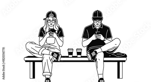 Cool couple relaxing with coffee and phones on bench illustration