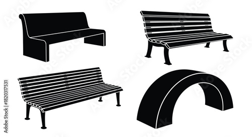 Black bench silhouettes for urban landscaping and design projects